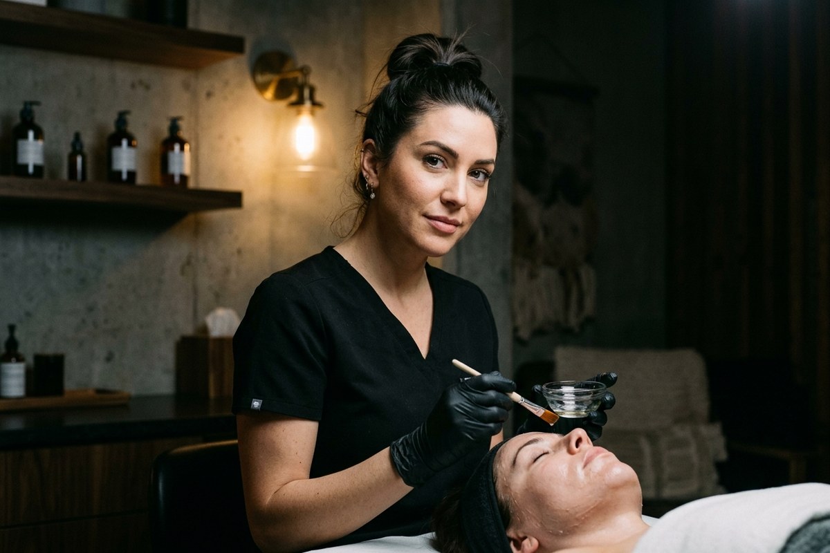 Esthetician applying a chemical peel in a modern skin clinic, esthetician vs cosmetologist comparison