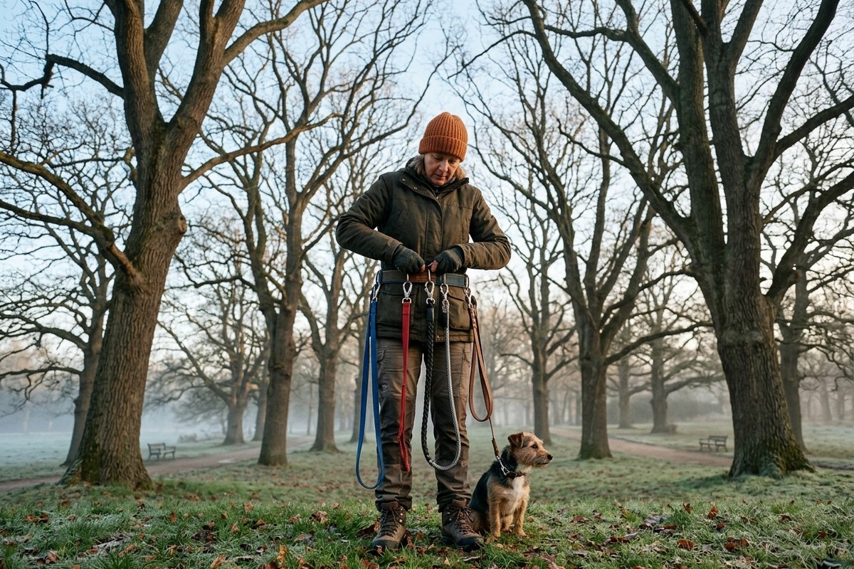 Person clipping multiple leashes onto a belt in a park, professional dog walker career guide 2026
