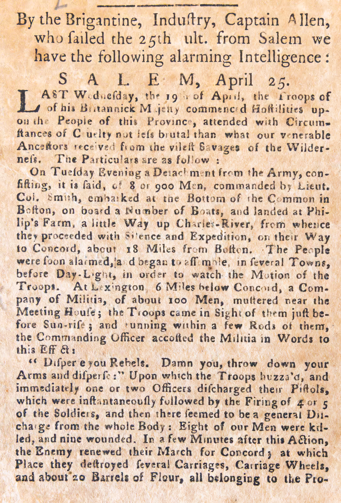 The Article in the May 9, 1775 South Carolina Gazette and Country Journal - the first to publish the news in South Carolina (Charleston Library Society)