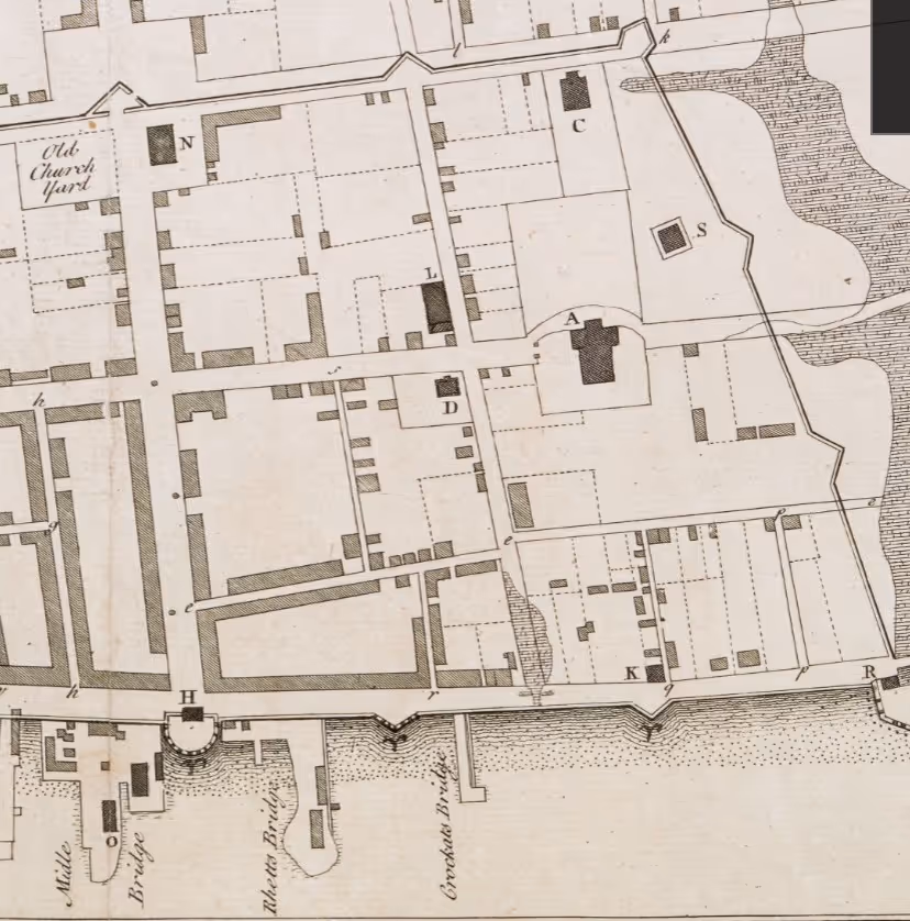 “The Ichnography of Charles-town at High Water,” 1739; N. Phelps Stokes Collection of American Historical Prints, (New York Public Library Digital Collections) Landmarks shown are; A. Church of England, C. Meeting Houses, and S. Old Magazine.