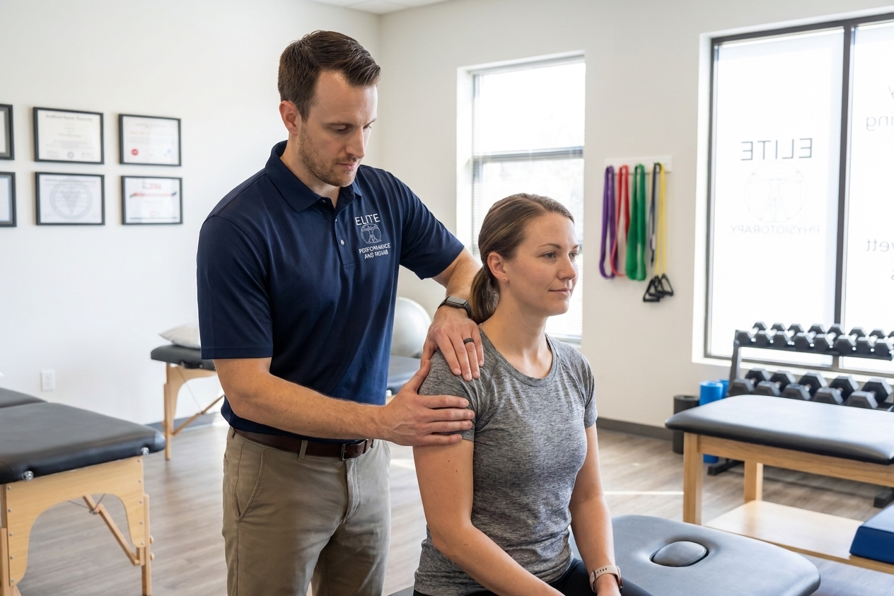 Patient receiving manual therapy on their shoulder from a physical therapist at a sports physical therapy clinic in Carmel, IN