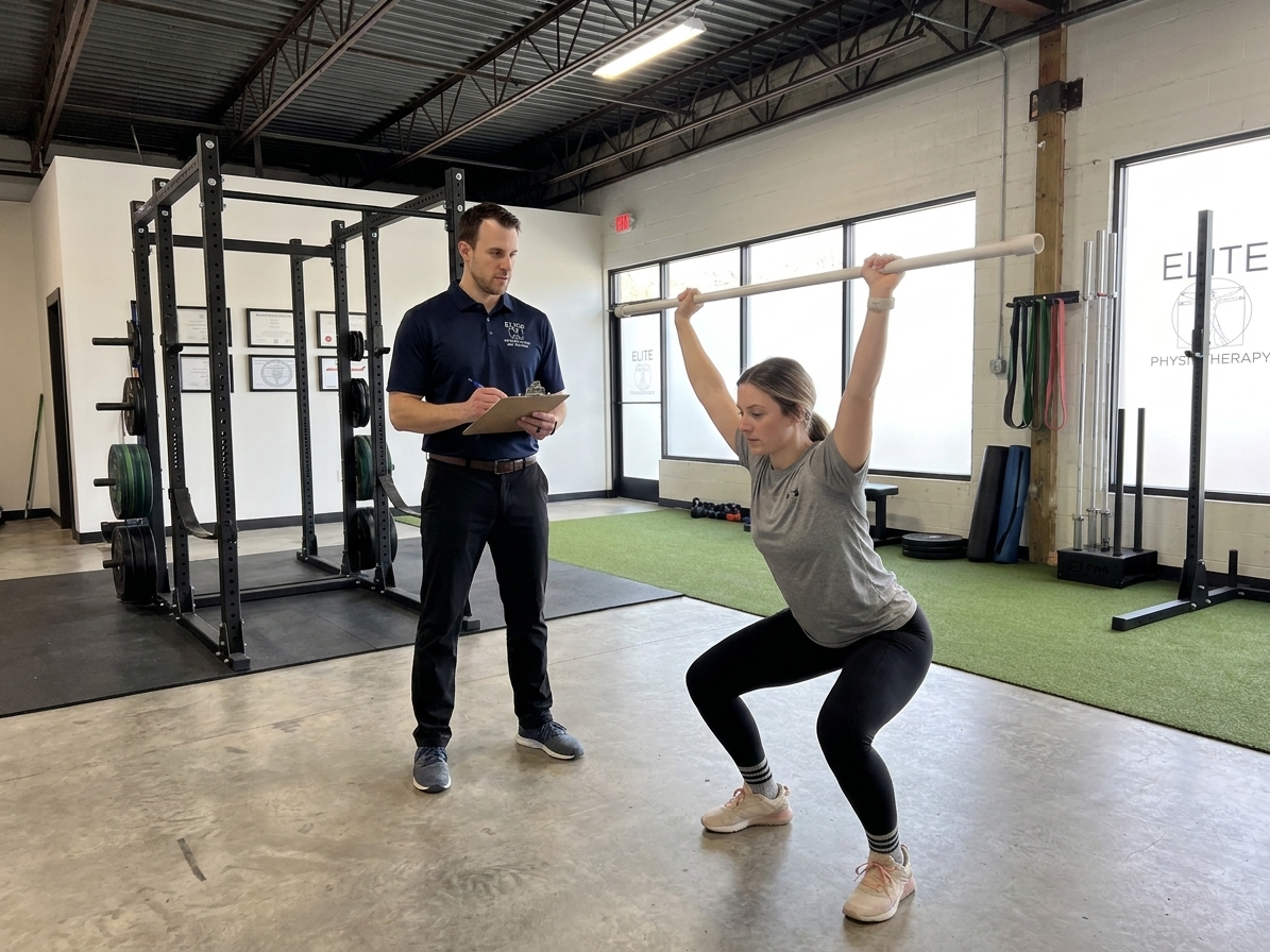 Athlete completing a functional movement assessment with a physical therapist at a performance and rehab clinic in Carmel, IN