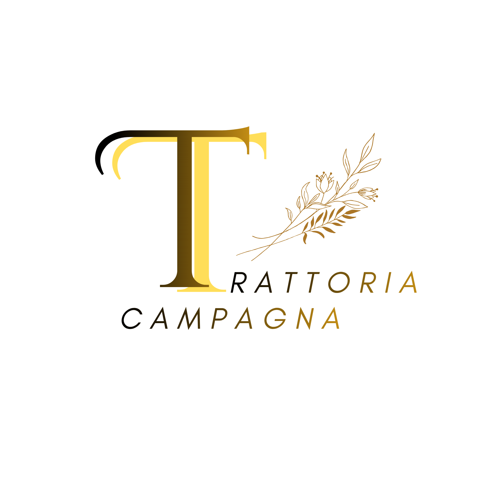 Logo con la grande lettera T dorata e decorazione di rami sopra il testo Trattoria Campagna.