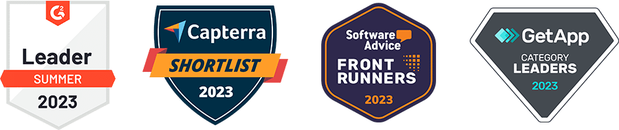 Badges for Leader Summer 2023, Capterra Shortlist 2023, Software Advice Front Runners 2023, GetApp Category Leaders 2023.