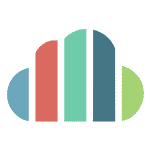Cloud shape composed of vertical colored bars in blue, red, green, teal, and light green.