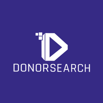 DonorSearch logo with a stylized white 'D' made of geometric shapes on a purple background.