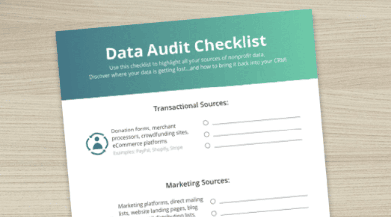 Data Audit Checklist with sections for transactional and marketing data sources for nonprofits.