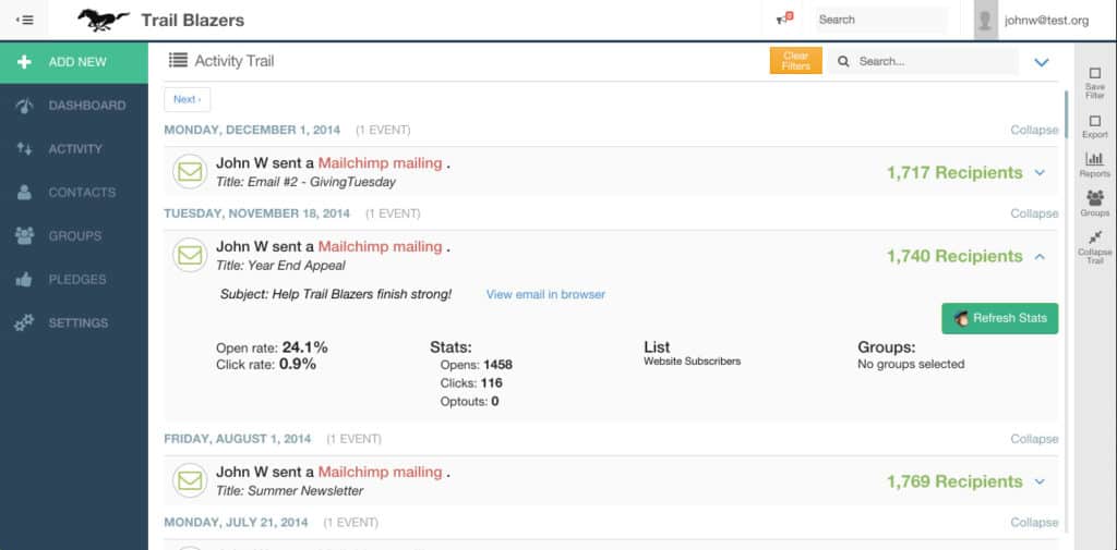 Email activity trail showing Mailchimp mailings with open rates, clicks, recipients, and stats.