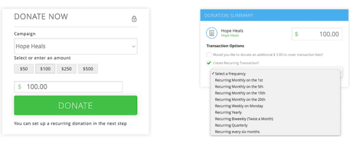 Donation form with 00 amount, campaign Hope Heals, and recurring donation frequency options dropdown.