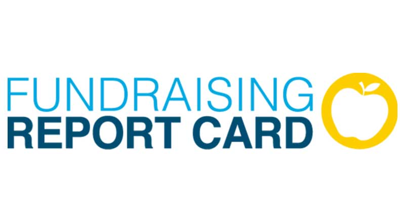 Text 'FUNDRAISING REPORT CARD' with a yellow apple icon on the right side.