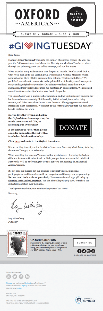 Oxford American GivingTuesday Email