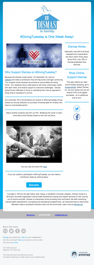 Dismas GivingTuesday Email