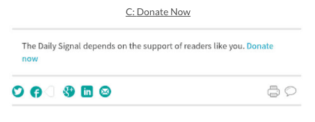 Donation request with social media icons for Twitter, Facebook, Google+, LinkedIn, email, print, and comment.