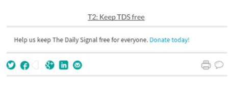 Text and icons prompting donations to keep The Daily Signal free with social media and print icons below.