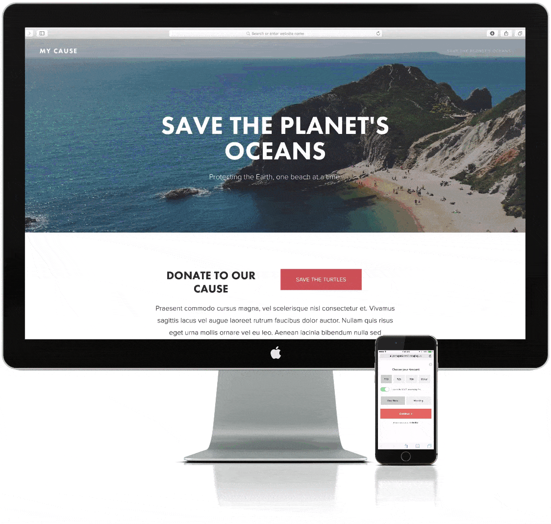 Computer and phone screens show a donation site to save oceans with buttons for contributing money.