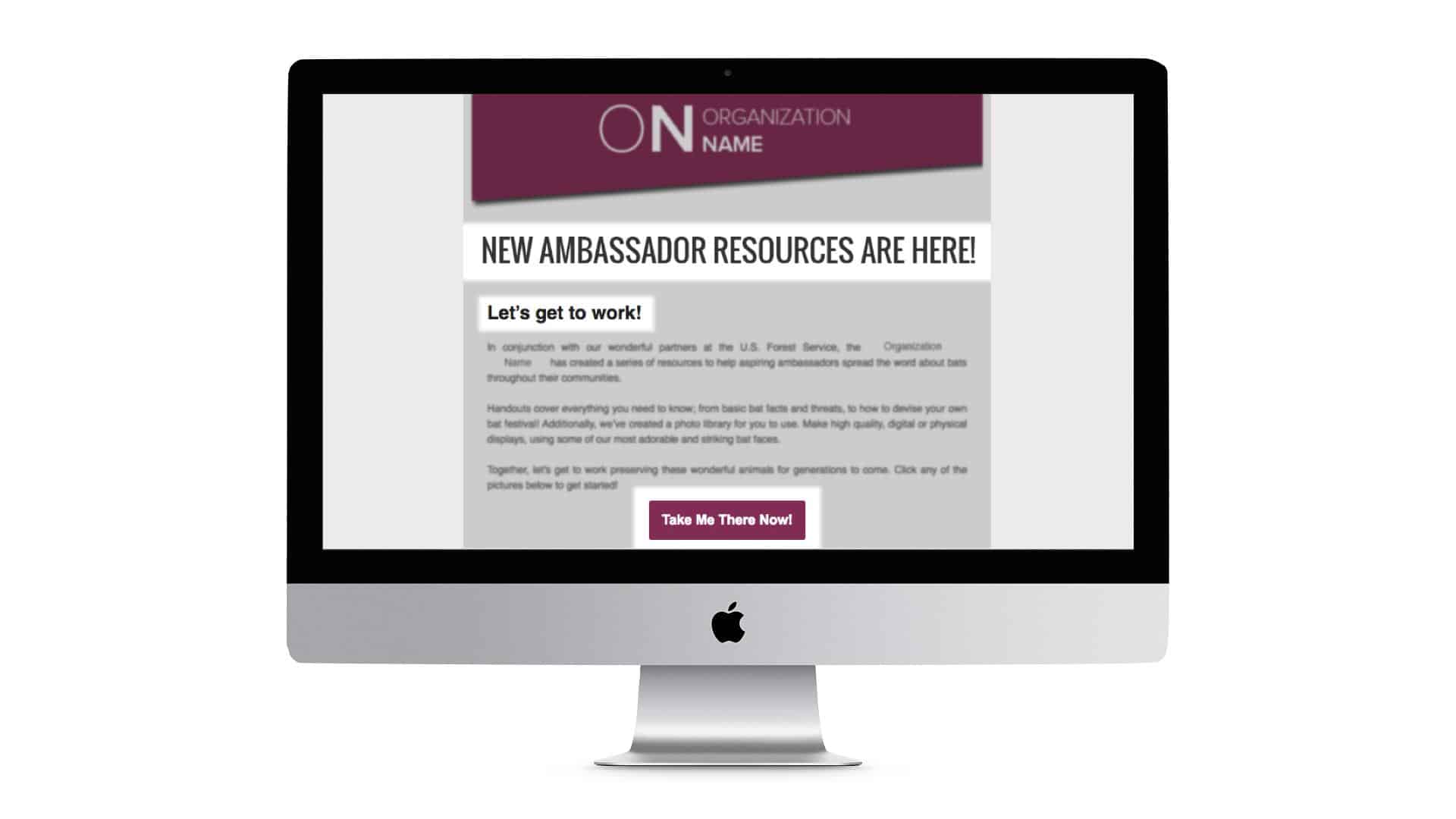 iMac screen showing a webpage titled 'New Ambassador Resources Are Here!' with a call-to-action button.