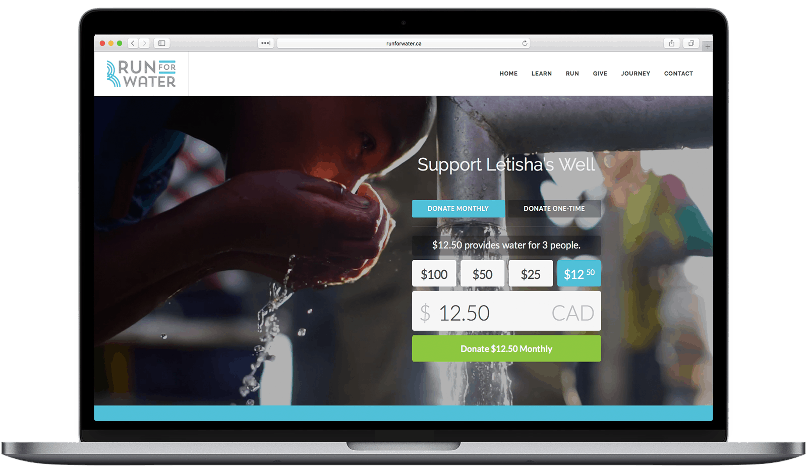 Website on a laptop showing a donation page for supporting Letisha's well with selection buttons and water image.