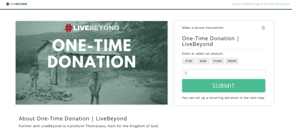 LiveBeyond one-time donation page with donation amounts and submit button shown beside an image of a child and donkey.