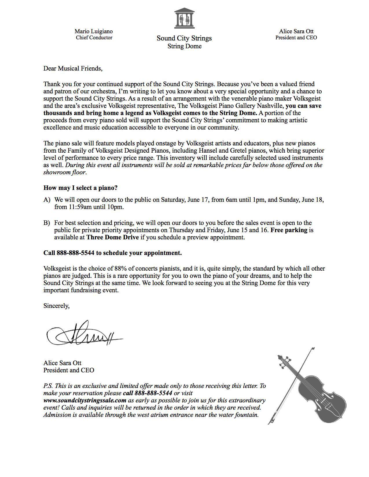 Letter from Sound City Strings about a special Volksgeist piano sale event and how to schedule appointments.
