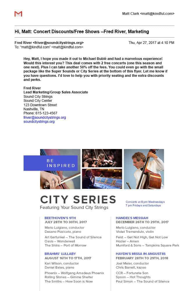 Email about concert discounts and City Series featuring Sound City Strings with schedule and music details.