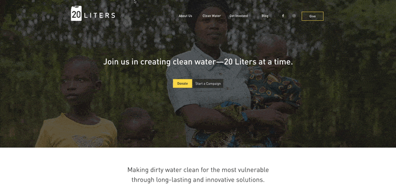 Three African children outdoors, one holding a baby; text urges joining 20 Liters to create clean water