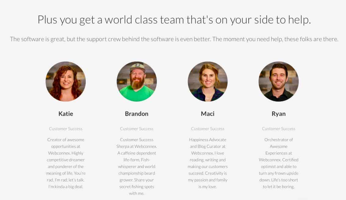 Photos and bios of four customer success team members: Katie, Brandon, Maci, and Ryan at Webconnex.
