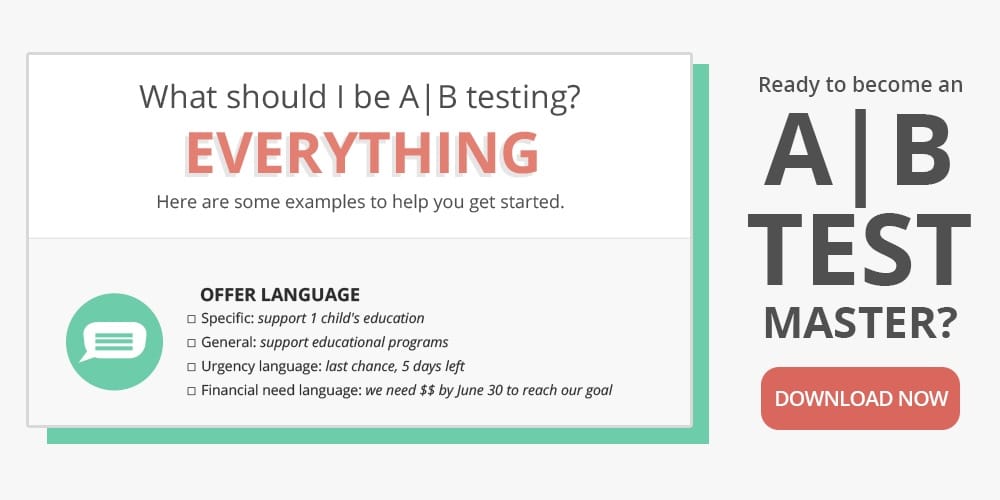 A|B testing banner showing examples for offer language like urgency and financial need plus a download button.