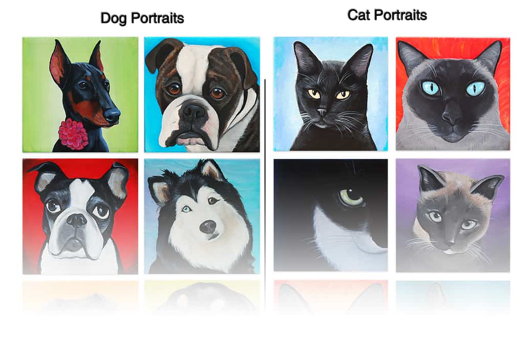 Four painted dog portraits and four painted cat portraits arranged in two labeled columns.