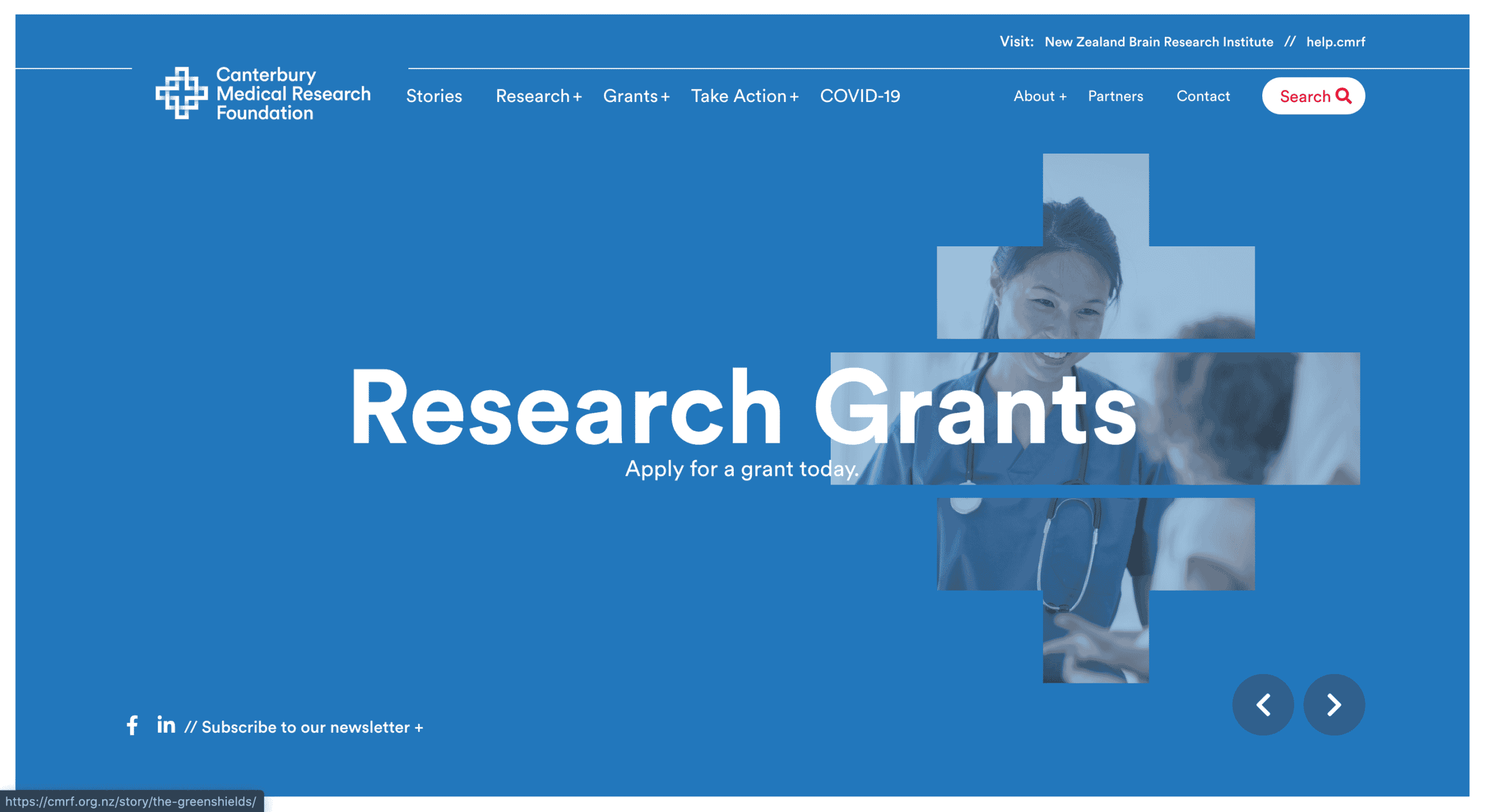 nonprofit website with email subscription link on page