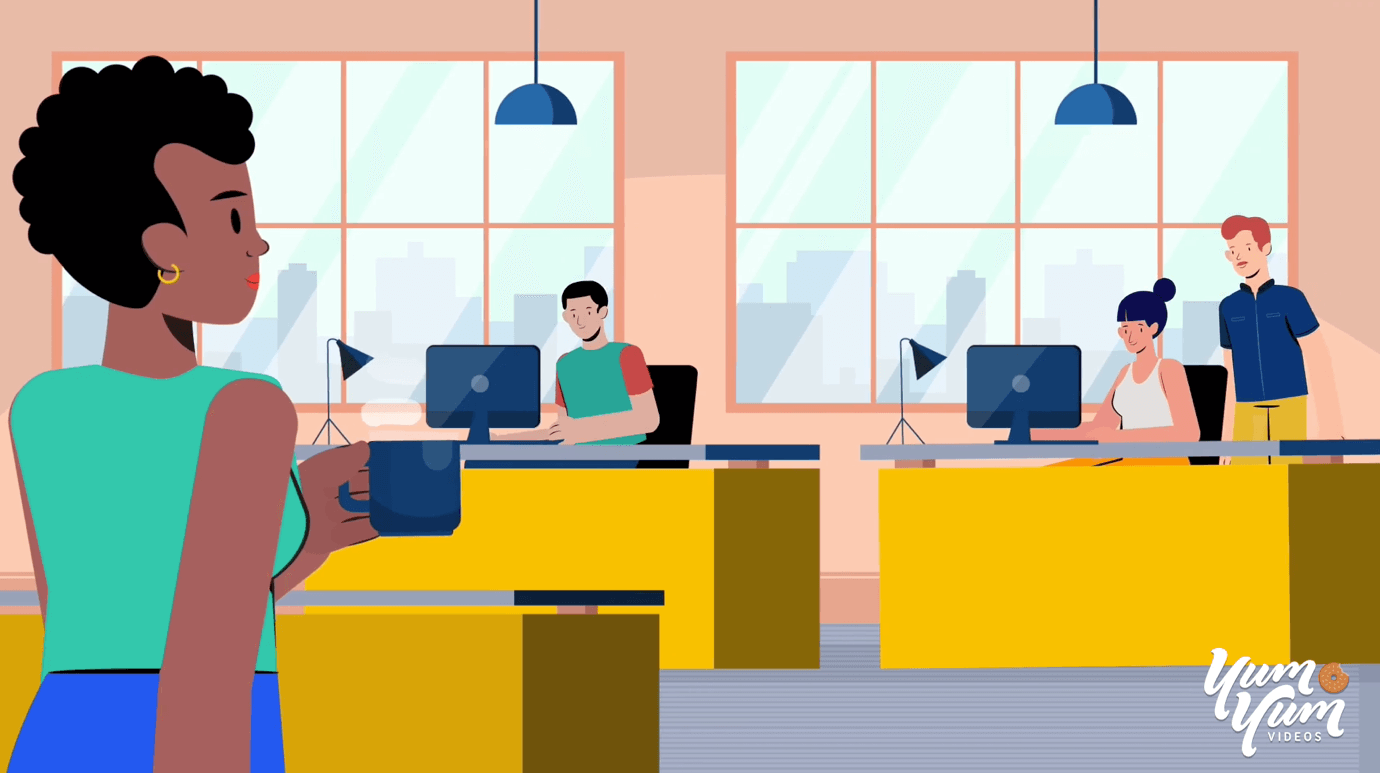 Office scene with woman holding a coffee mug and three coworkers at desks with computers.