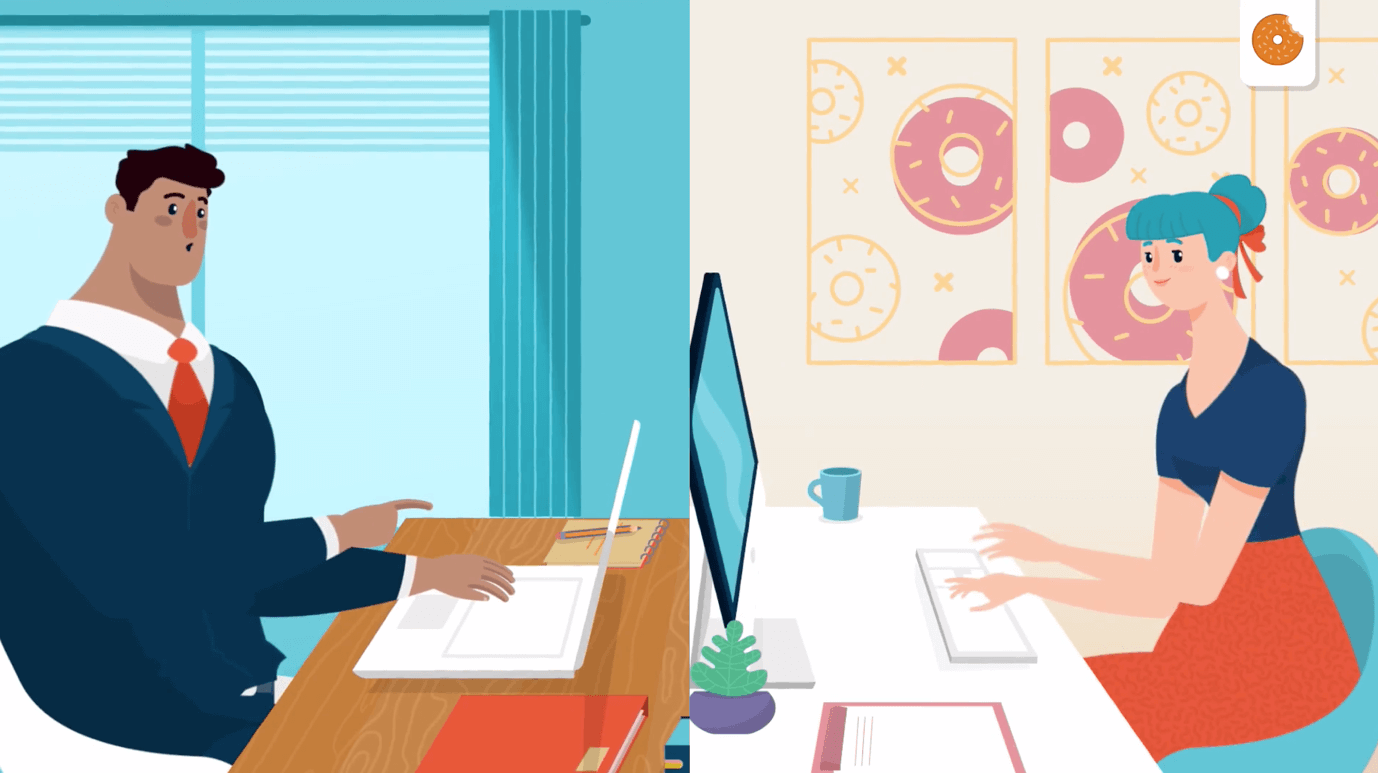 Illustration of man and woman working at desks facing each other, separated by a vertical divide.