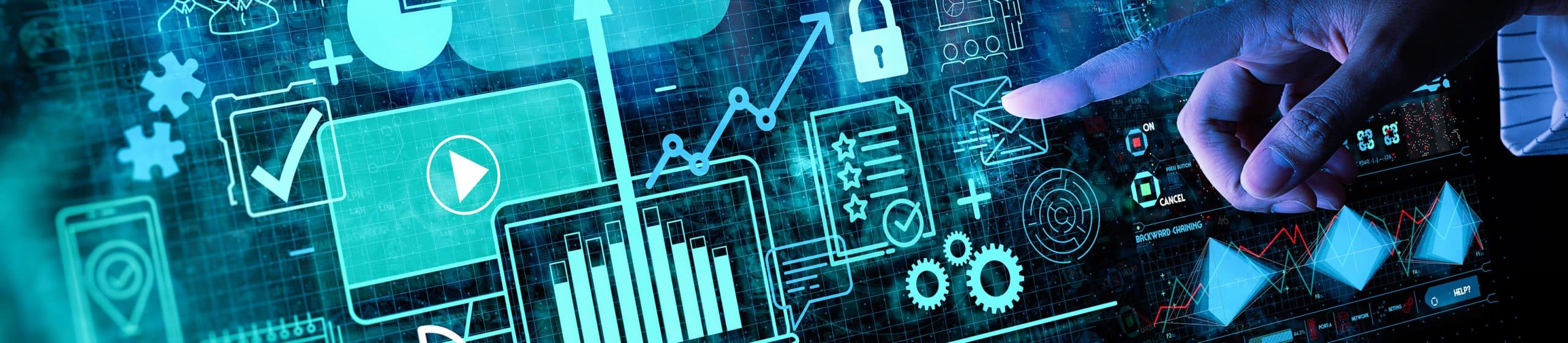 Human hand pointing at futuristic digital interface displaying data charts, graphs, and security icons.
