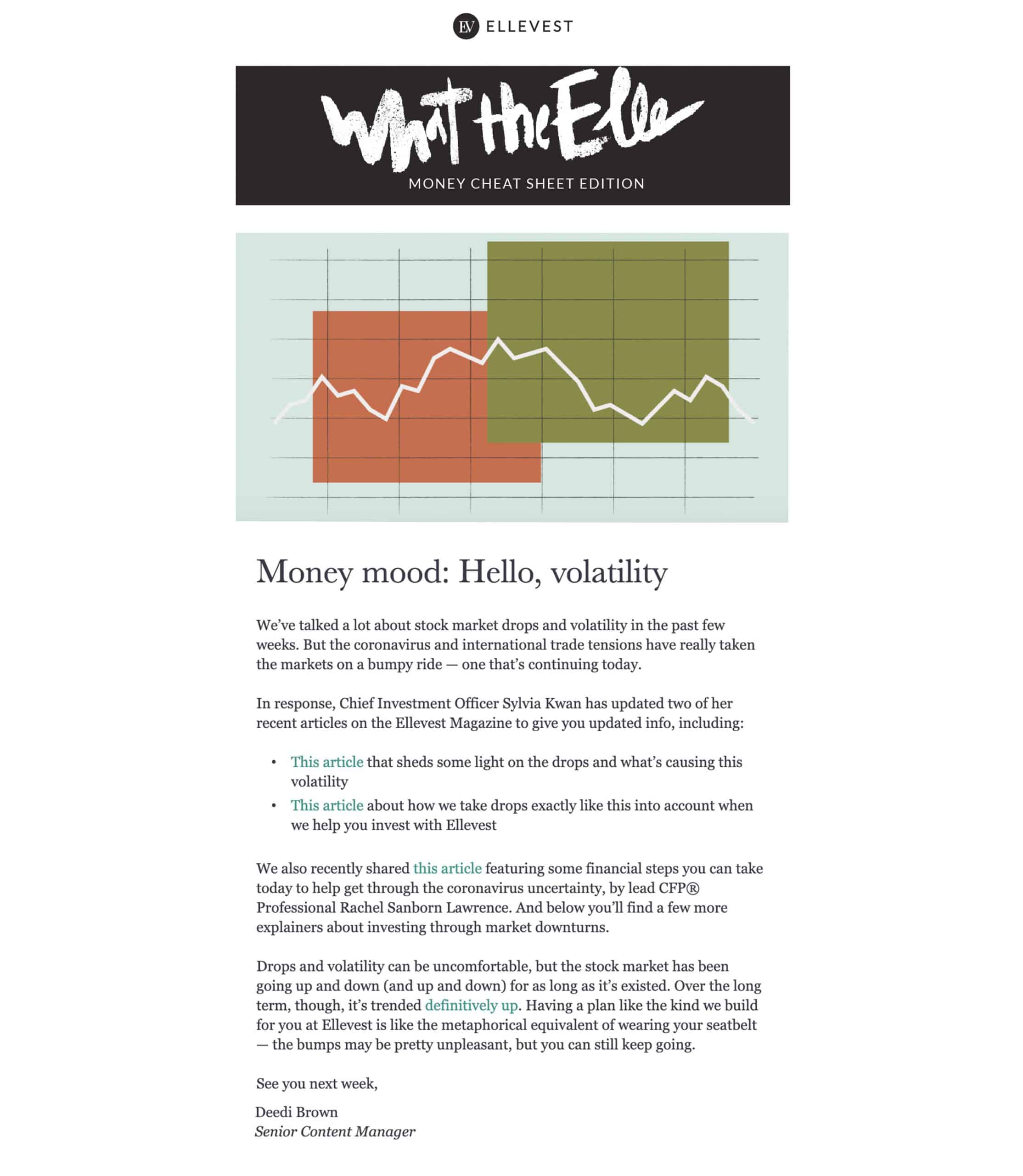 Ellevest newsletter titled 'Money mood: Hello, volatility' discussing stock market volatility and investment advice.