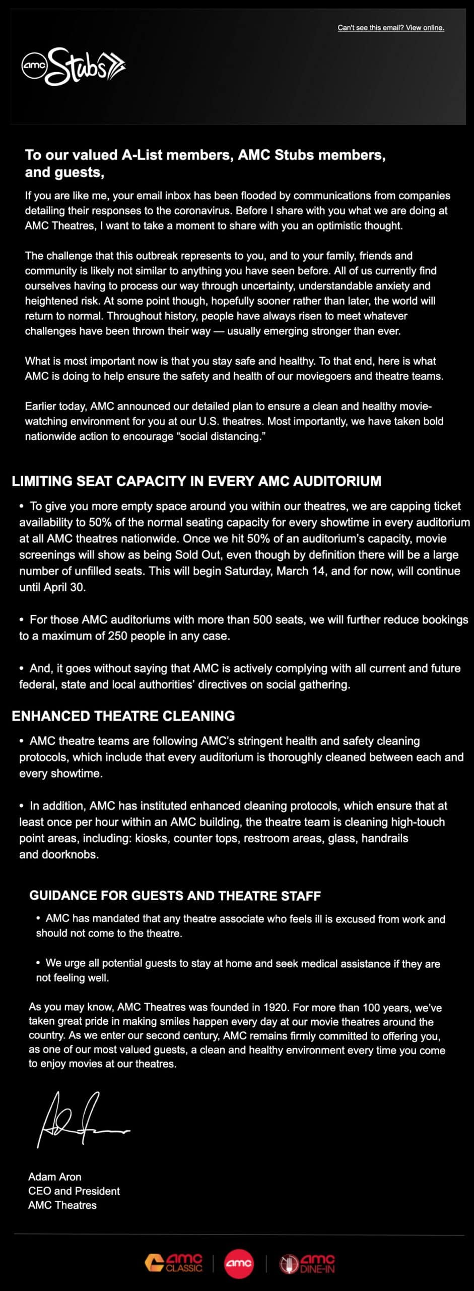 Letter from AMC Theatres CEO outlining COVID-19 safety measures including reduced seating and enhanced cleaning.
