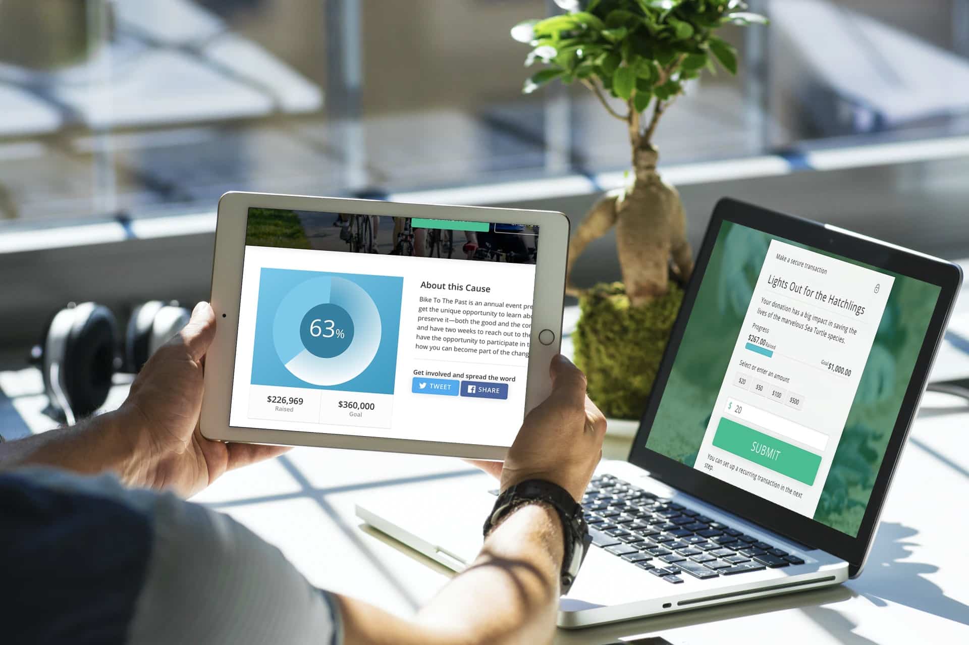 Examples of online fundraising thermometers as a circle pie chart and line graph.