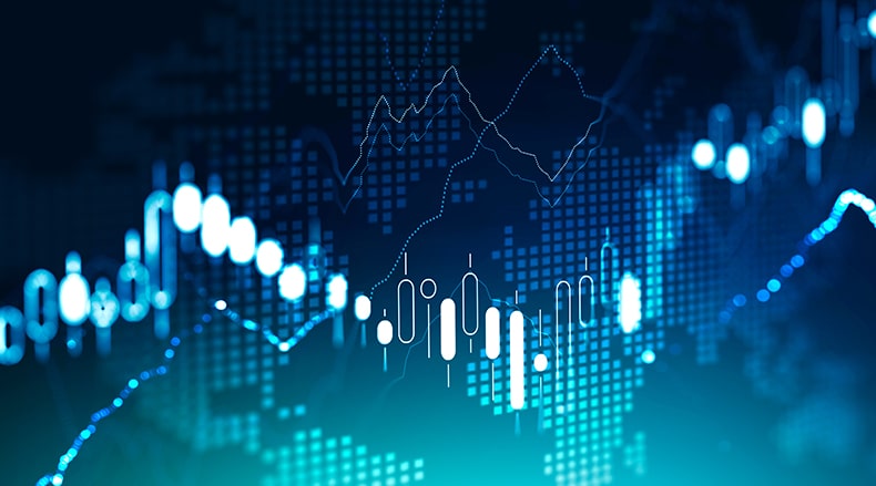 Abstract blue financial graph with candlestick and line charts over a digital world map background.