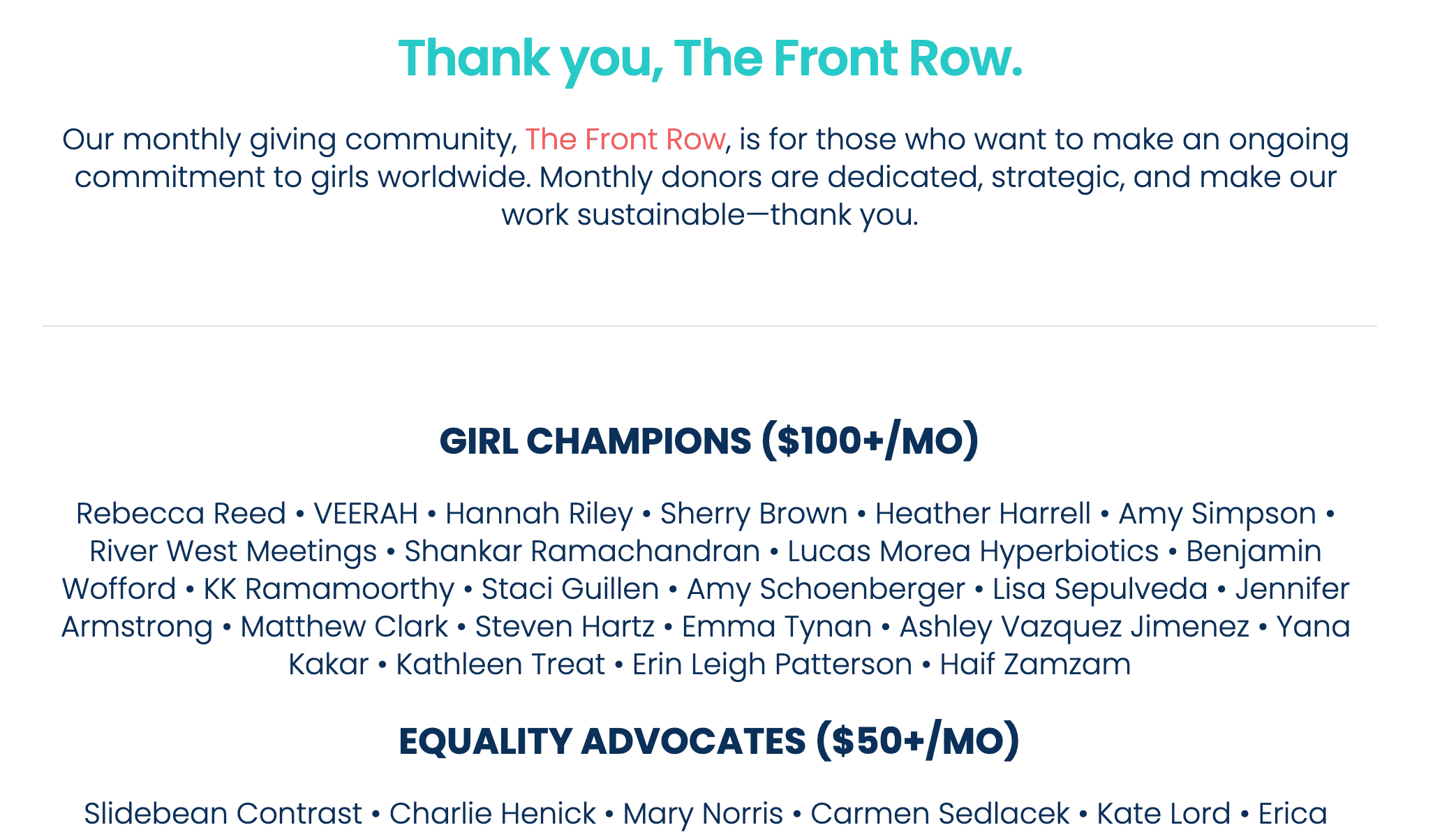screenshot of monthly donor recognition on shes the first website