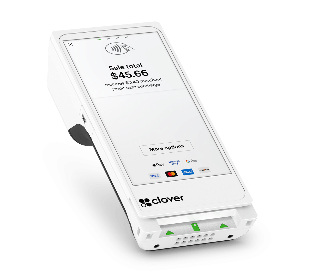 The Clover POS system is shown on a card reader device