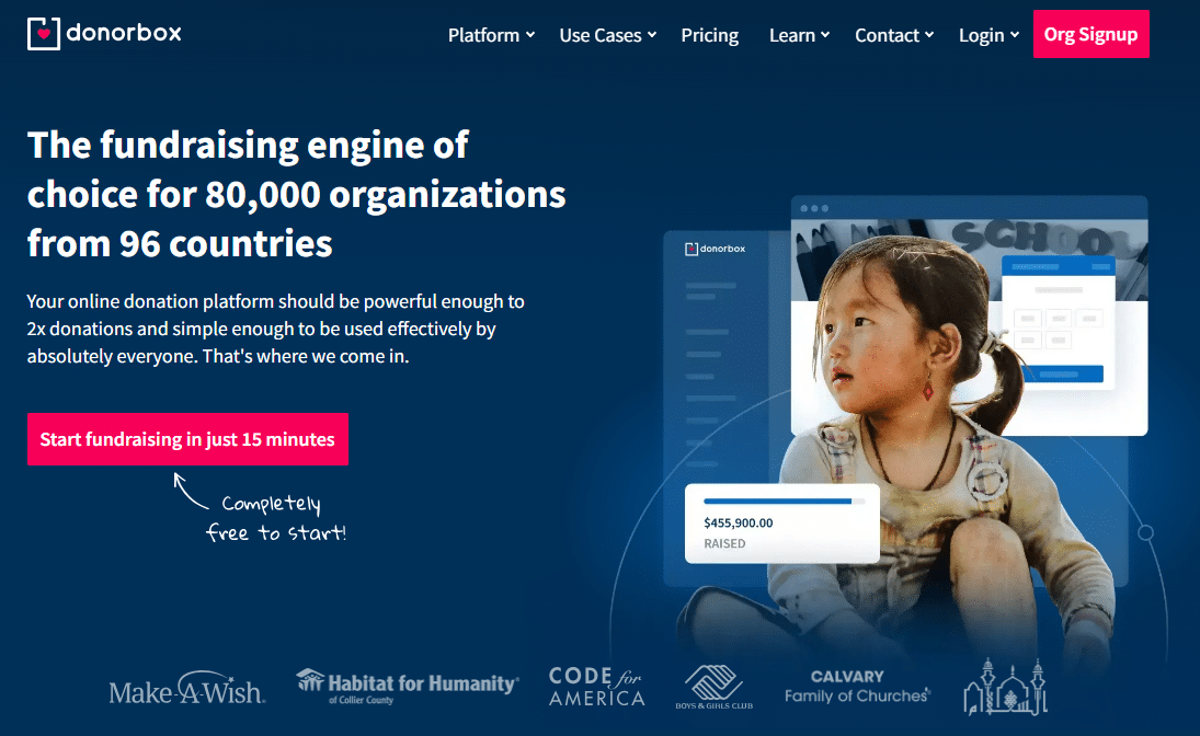 Homepage of Donorbox, a nonprofit credit card processing option