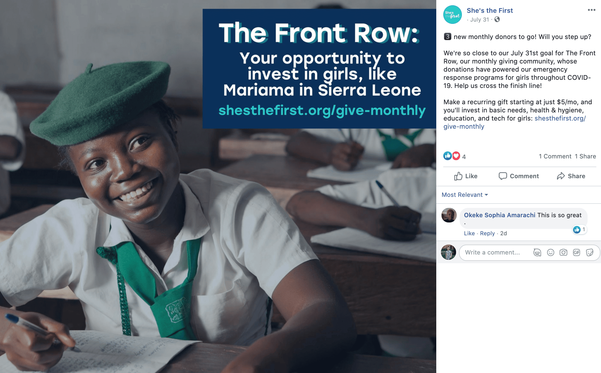screenshot of the front row monthly giving program promotion on facebook