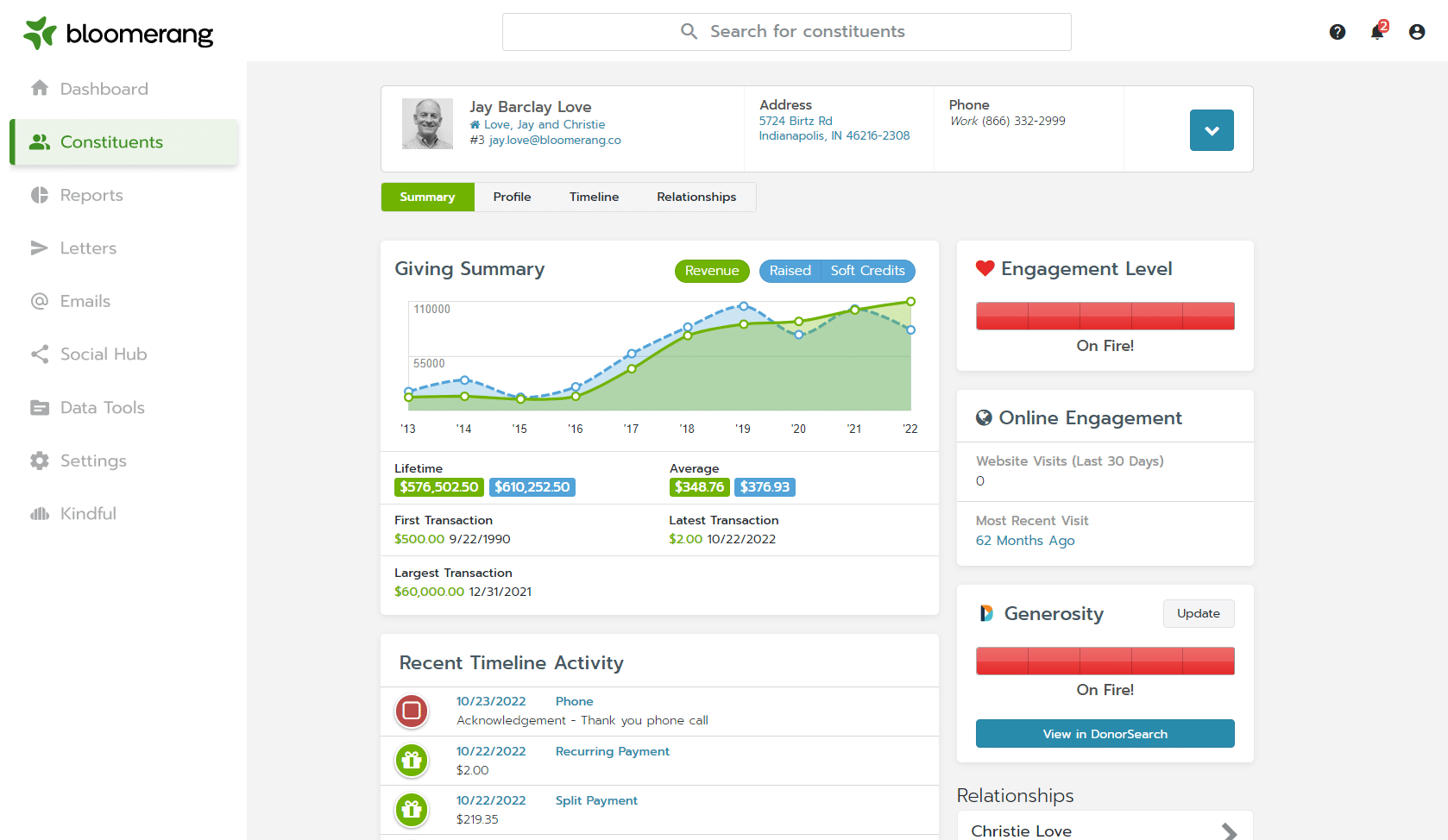 This image shows what Bloomerang’s nonprofit CRM looks like. 