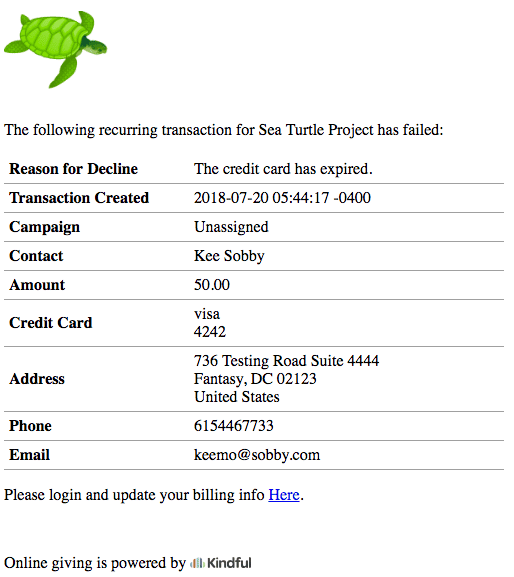 donation receipt for a failed transaction
