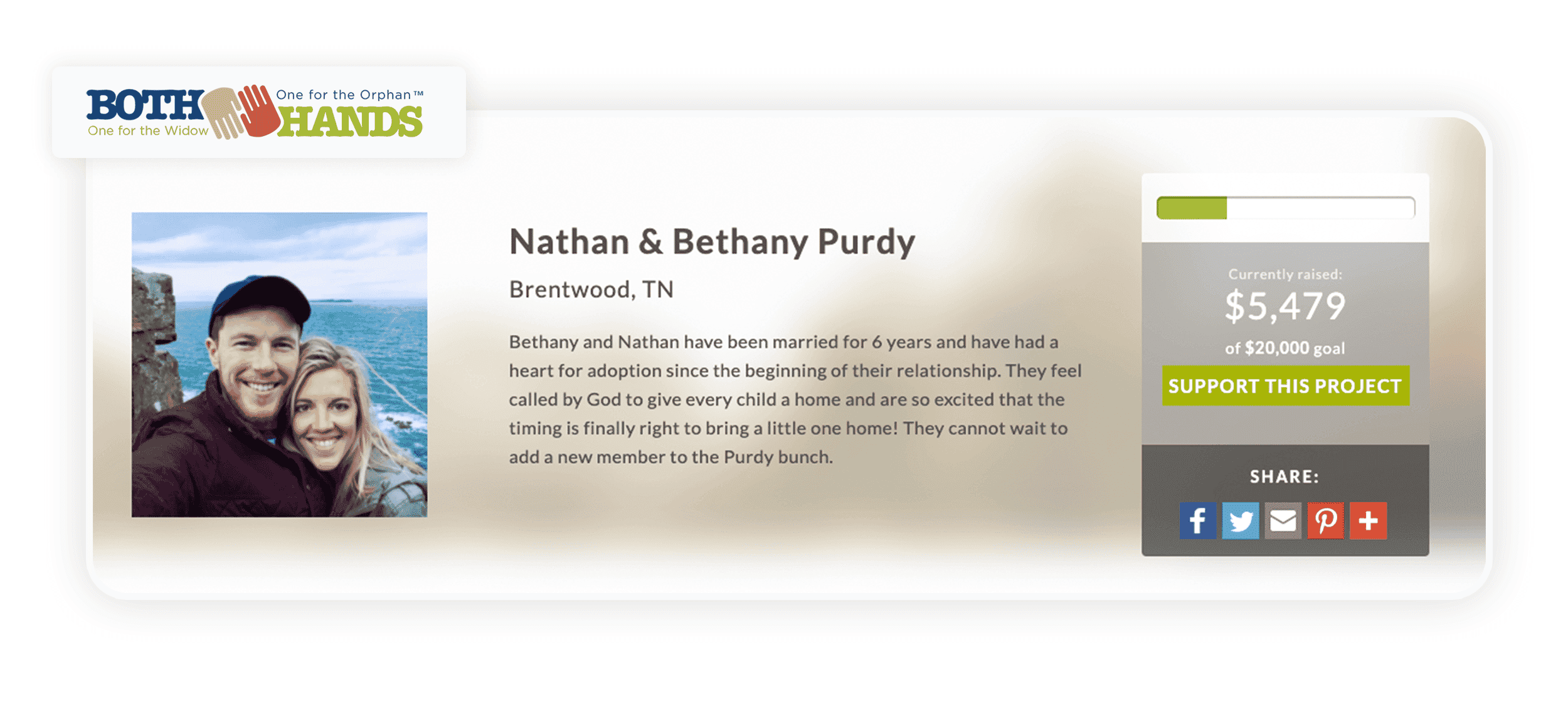 Screenshot of nonprofit website with embedded fundraising campaign progress on a thermometer