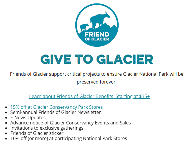 The Friends of Glacier information page, with details about the benefits donors receive from getting involved (highlighted below)