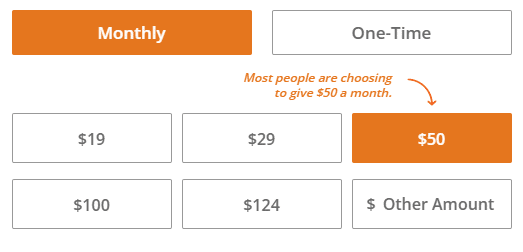 The monthly giving option on CARE's donation page. The $50 amount is highlighted with a sentence saying, "Most people are choosing to give $50 a month." 