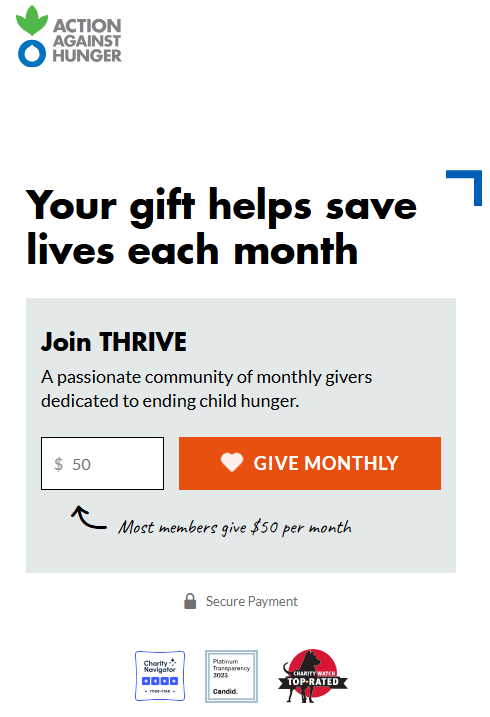 Screenshot of the THRIVE monthly giving page