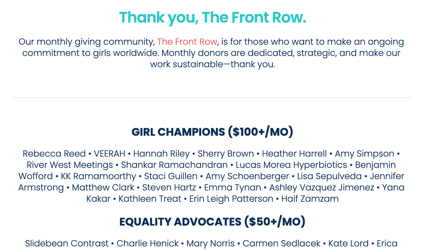 This is an example of the giving levels available within the She's the First monthly giving program, including the $100/month and $50/month tiers. 