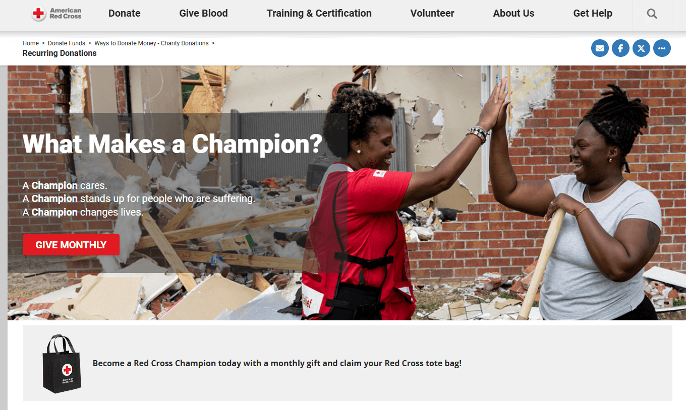 Screenshot of the Red Cross recurring donation information page