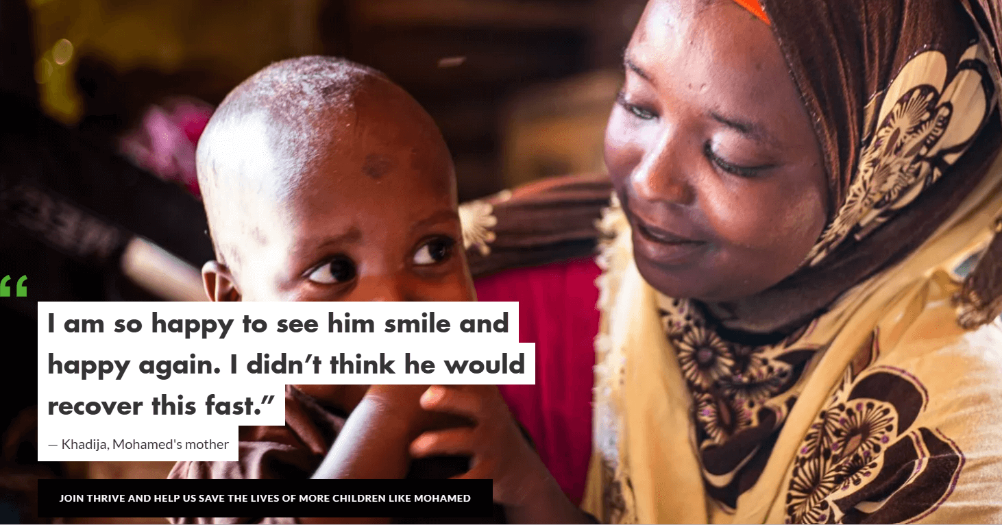 Image of Mohamed and his mother, Khadija, along with a quote from Khadija saying "I am so happy to see him smile and happy again. I didn't think he would recover this fast."