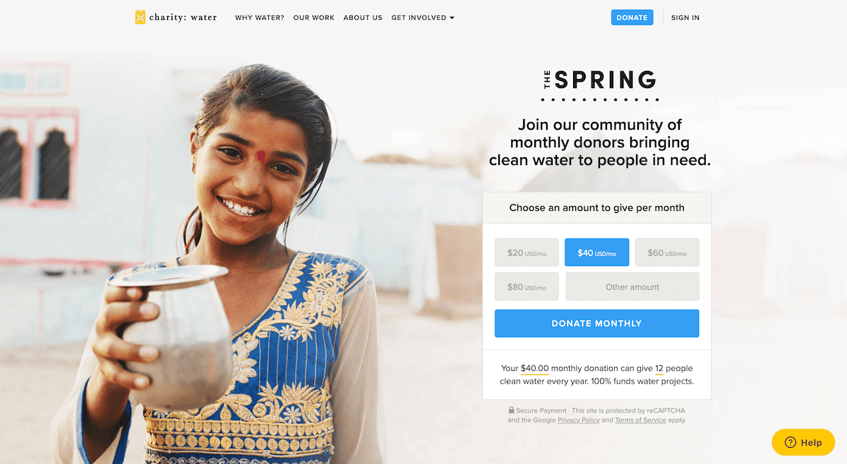 charity: water's monthly giving program brings donors together to help those in need access clean water. 